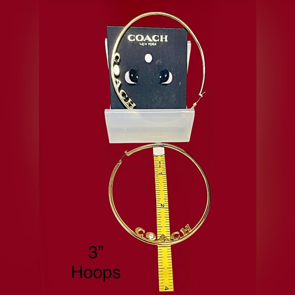 Coach Gold Logo Hoop Earrings 3” New Stocking Stuffer - Picture 10 of 11